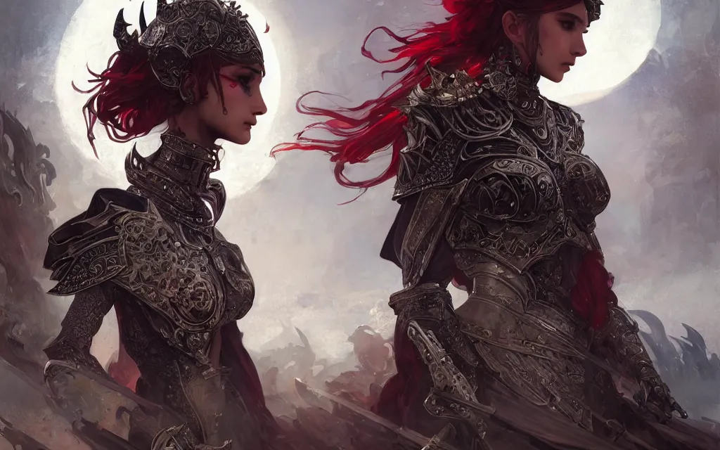 Image similar to knights of zodiac girl + smoky eyes, black and reddish armor, knight fight cinematic shot, in ruined agora of athens, ssci - fi and fantasy, intricate and very very beautiful and elegant, highly detailed, digital painting, artstation, concept art, smooth and sharp focus, illustration, art by tian zi and wlop and alphonse mucha