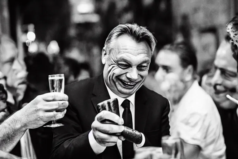 Image similar to viktor orban drinking champagne smoking cigar laughing hard by peter lindbergh