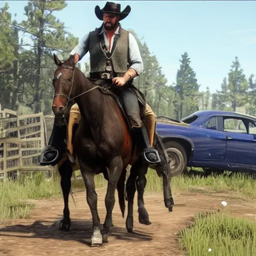 zesty-seal663: Arthur Morgan from Red Dead Redemption 2 riding his horse  across the country