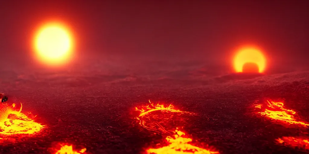 Image similar to a melted glowing snowman melting on top of the sun. the ground is made of fire and lava and is glowing orange. cinematic, dramatic, epic, volumetric lighting, atmospheric, red, orange extremely coherent, 8 k, space, warm, blade runner 2 0 4 9