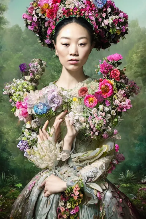 Image similar to a beautiful portrait of an empress in her garden, with a brilliant, impossible striking big flower headpiece, clothes entirely made out of flowers, symmetrical, closeup, dramatic studio lighting, rococo, baroque, jewels, asian, hyperrealism, D&D, fantasy, intricate, elegant, highly detailed, digital painting, artstation, octane render, 8k, concept art, matte, sharp focus, illustration, art by Artgerm and Greg Rutkowski and Alphonse Mucha