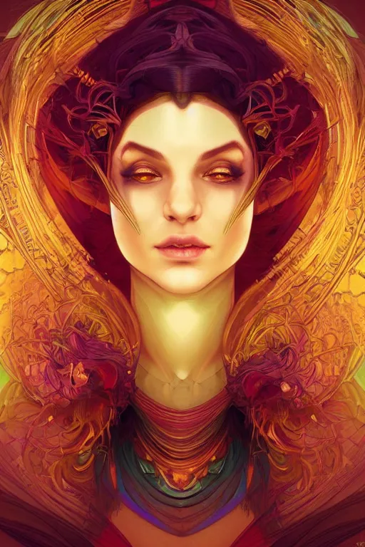 Prompt: portrait of a beautiful sorceress by artgerm, symmetrical, vivid color, complementary color, golden ratio, detailed, sharp lines, sharp focus, intricate, rainbowshift, by maxfield parrish, by peter mohrbacher, by gustave dore, by alphonse mucha, deviantart, octane render