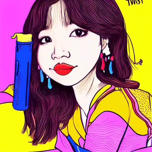 Prompt: an illustration that caricaturizes im nayeon of twice, highly detailed, refined spontaneity, colorful, bubbles, candy - coated, sugary sweet, yellows and blues
