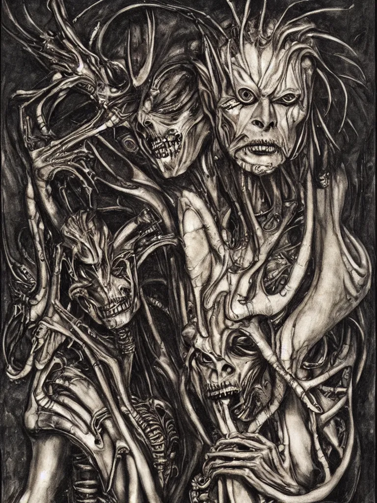 Prompt: a beautiful portrait of david bowie with a xenomorph alien queen by h.r. giger and by arthur rackham, detailed, proportional, trending on art station, 4k