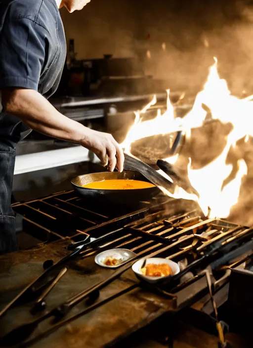 Image similar to a 2 8 mm macro photo from the back of a yakitori chef elon musk cooking in a commercial kitchen, splash art, movie still, bokeh, canon 5 0 mm, cinematic lighting, dramatic, film, photography, golden hour, depth of field, award - winning, anamorphic lens flare, 8 k, hyper detailed, 3 5 mm film grain