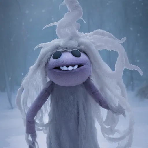 Prompt: an ethereal lovely fluffy ghost like live action muppet wraith like figure with a squid like parasite latched onto its head and four long tentacles for arms that flow gracefully at its sides like a cloak while it floats around a frozen rocky tundra in the snow searching for lost souls and that hides amongst the shadows in the trees, this character has hydrokinesis and electrokinesis is a real muppet by sesame street, photo realistic, real, realistic, felt, stopmotion, photography, sesame street