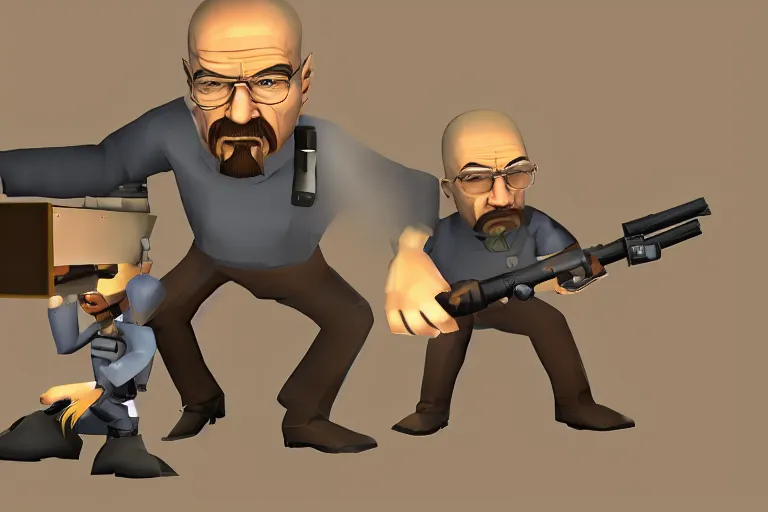 Image similar to Walter White is Heavy from Team Fortress 2 firing a minigun, in the style of TF2