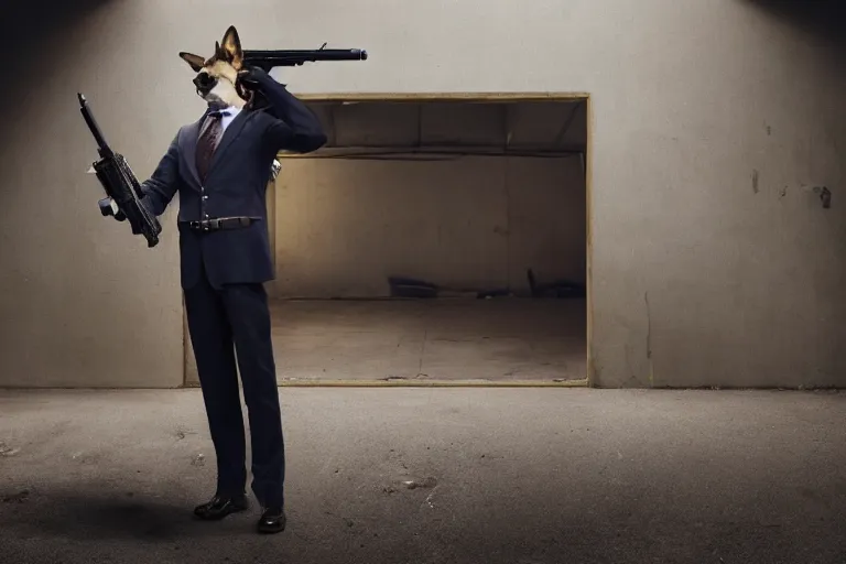 Prompt: film still of furry anthro anthropomorphic german shepard head animal person fursona wearing clothes a suit and tie standing holding a gun in a garage in an action movie 2020, 4k