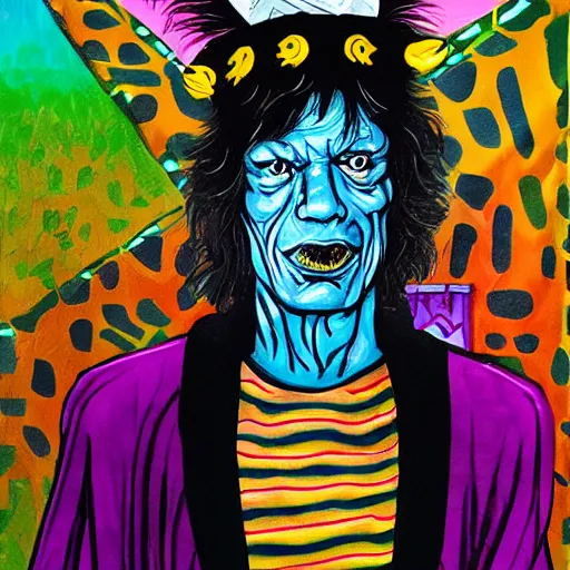 Prompt: mick jagger wearing a voodoo hat and a black cape, art by meow wolf