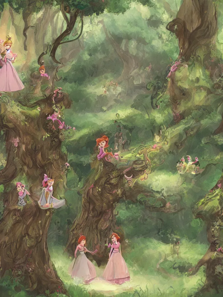 Prompt: girls in enchanted forest by disney concept artists, blunt borders, rule of thirds