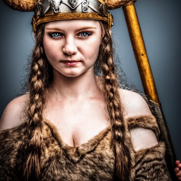 Image similar to photo of a very cute! beautiful viking queen, highly detailed, 4 k, hdr, smooth, sharp focus, high resolution, award - winning photo