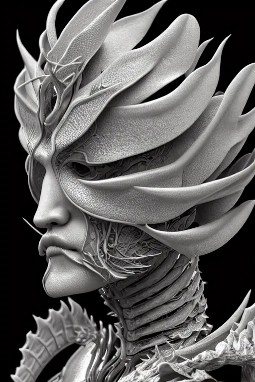 Image similar to bw close - up profile face, black background, beautiful young porcelain vegetal - dragon - cyborg - female, 1 5 0 mm, beautiful natural soft rim light, silver gold details, magnolia leaves and stems, roots, mandelbot fractal, elegant, ultra detailed, white metallic armour, octane render, h. r. giger style