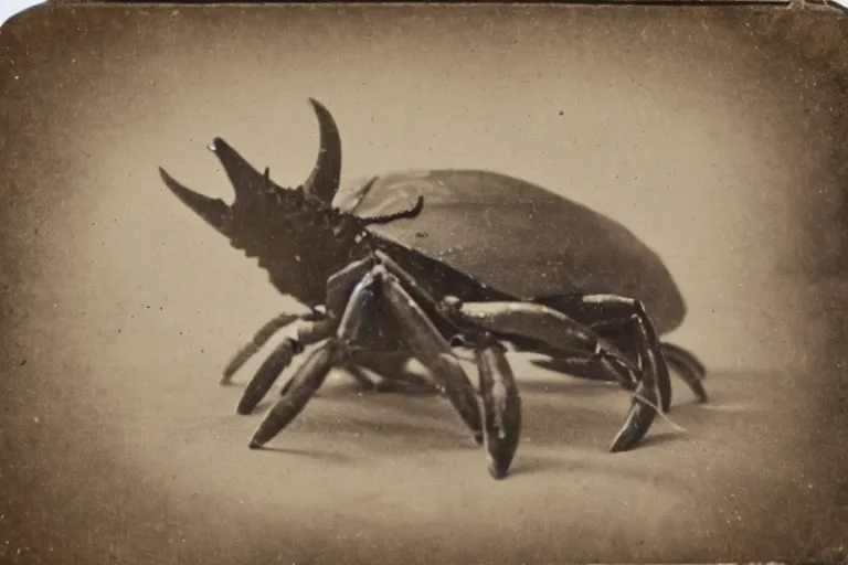 Prompt: a tintype photo of a crab goat hybrid