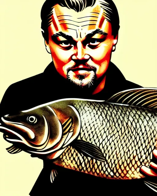 Image similar to photograph of leonardo dicaprio holding a carp in his both hands. movie poster, illustration by bartek fedyczak, erak note, tooth wu, neil richards, kan liu, siwoo kim, jisu choe, trending on art station