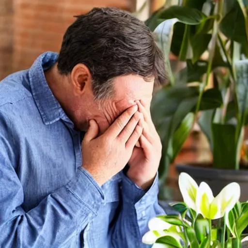 Image similar to a man sobbing over his dying potted plant