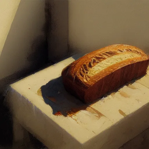 Prompt: beautifully toasted loaf of bread, ultradetailed, crispy, art by craig mullins