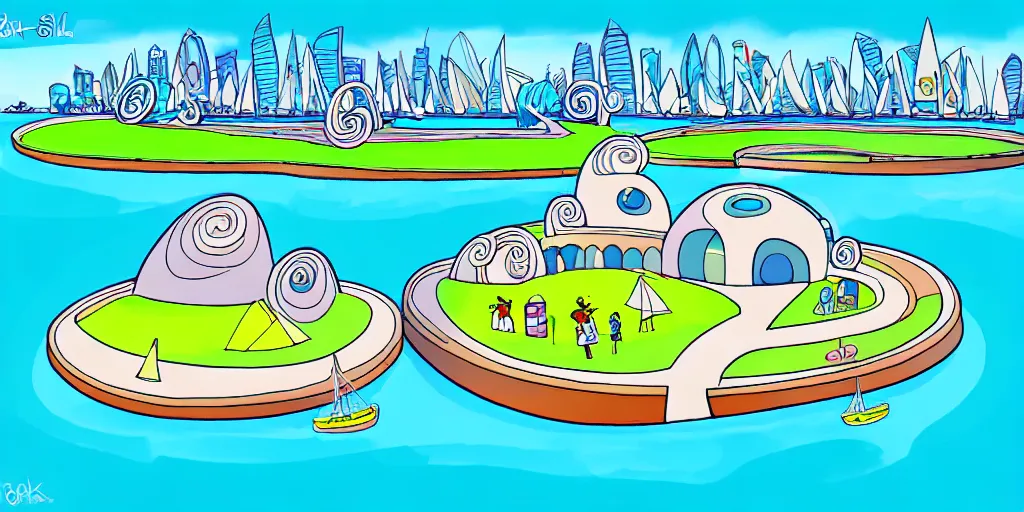 Image similar to chubby spiral shape cartoon concept art, docklands near the sea, from lorax movie, sam and max