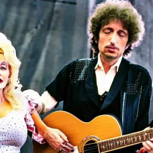 Prompt: Photo of Dolly Parton jamming with Bob Dylan