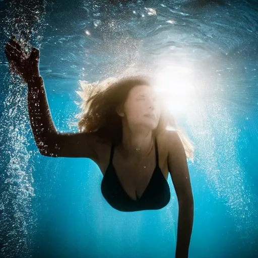 Prompt: a woman with arms outstretched sinking into the deep ocean looking up at the light shining from above seen from underwater