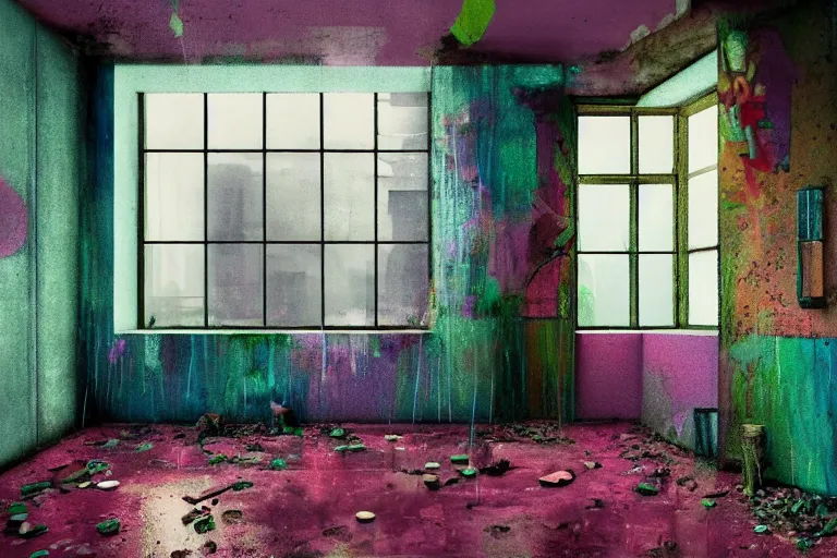 Image similar to abandoned 9 0 s apartment interior with circular organic windows, rain like a dream, oil painting, cinematic, surreal, overgrown, dramatic, soft volumetric lighting, cyberpunk, basquiat + moebius + francis bacon + gustav klimt + beeple, elevated street art, fantasy lut, textural, pink, blue, purple, green,