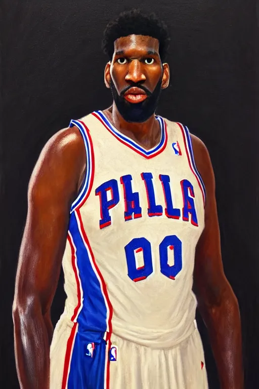 Image similar to full body portrait of the dictator of the philadelphia 7 6 ers, 1 8 8 9, in full military garb, joel embiid, oil on canvas by william sidney mount, trending on artstation