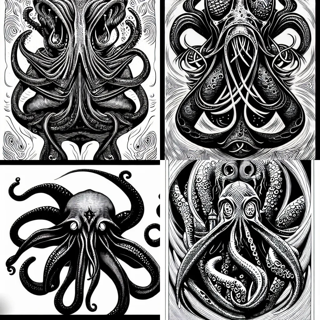 Prompt: abstract illustration of cthulhu by joe fenton and escher, black and white, line art, very detailed
