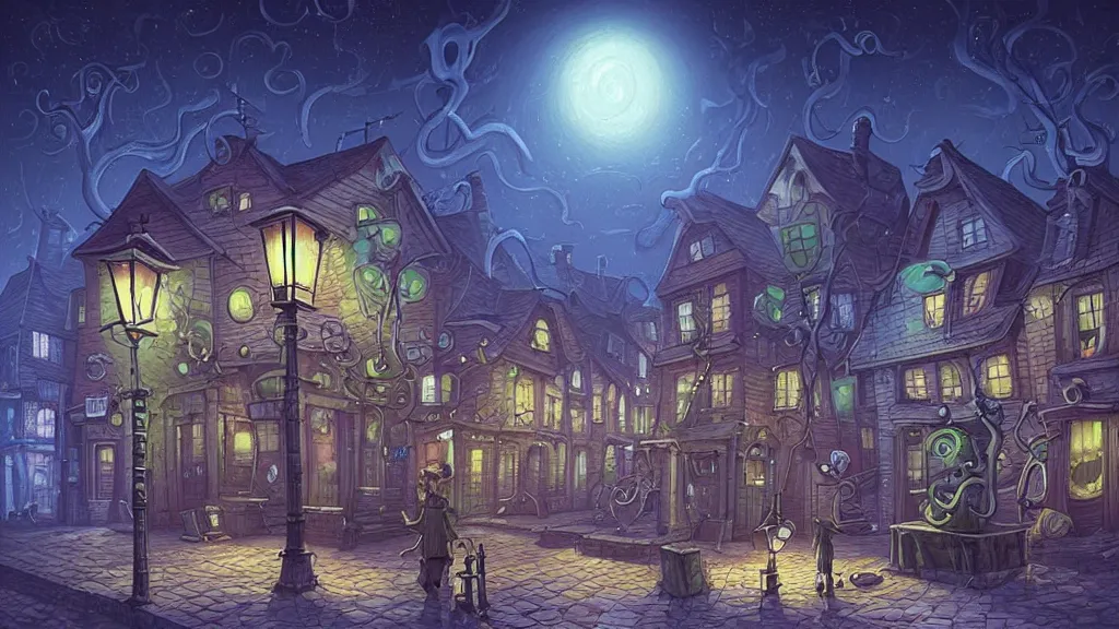 Image similar to street view of lovecraftian town square surrounded by houses in lovecraftian city at night by cyril rolando and naomi okubo and dan mumford and ricardo bofill. lovecraft. cobbled streets. oil lamp posts. lovecraftian statues.