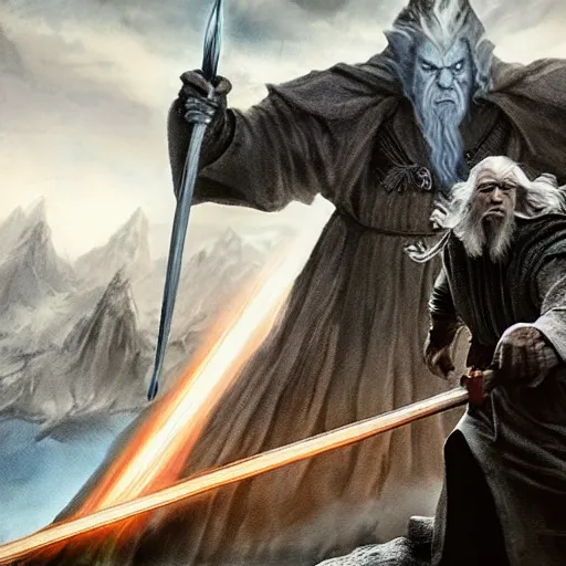 Image similar to Gandalf the Grey on the Bridge of Khazad Dum, a balrog looming in the background, Selfie