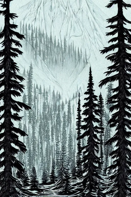 Prompt: a beautiful woodcut print of a canadian mountain forest, 8 k, frostbite 3 engine, cryengine, dof, trending on artstation, digital art, crepuscular ray, art by fossi _ images and tugboat printshop