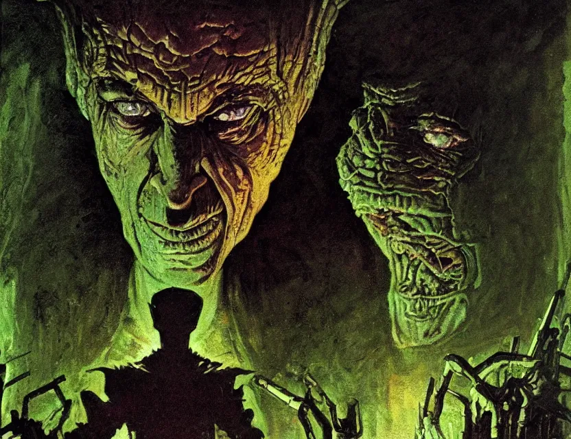 Image similar to a close - up view portrait of a silhouetted supernatural wizard in brutalist halls with metallic alien technology. close - up view, detailed textures. glowing green purple fog, dark black background. highly detailed fantasy science fiction painting by moebius, norman rockwell, frank frazetta, and syd mead. rich colors, high contrast