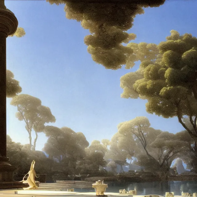 Prompt: gardens of marble draped in flowing sheets of cobalt blue satin and silver satin, by syd mead and moebius and roger dean and ivan aivazovsky and alma tadema and pieter claesz and august malmstrom and aelbert cuyp and caspar david friedrich, hyperrealistic, volumetric light, octane render