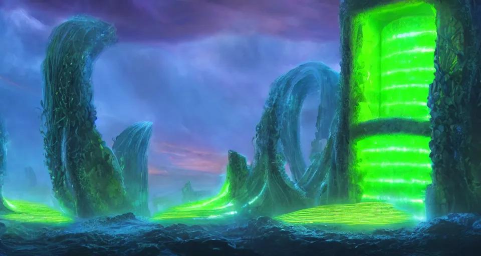 Image similar to luminous algae vines cover the ruins of an alien monolithic monument to the true prophet on the bottom of the ocean, vivid colors, matte painting, 8K, concept art, mystical color scheme, trending on artstation