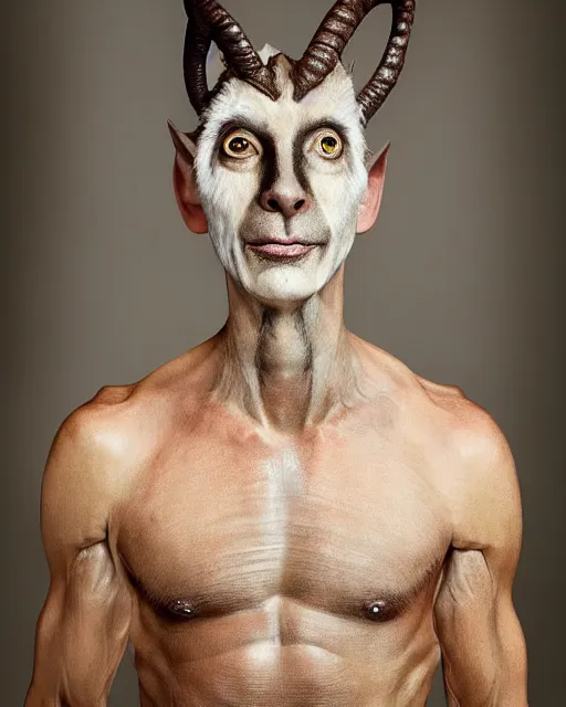 Image similar to Mauricio Macri in Elaborate Pan Satyr Goat Man Makeup and prosthetics designed by Rick Baker, Hyperreal, Head Shots Photographed in the Style of Annie Leibovitz, Studio Lighting