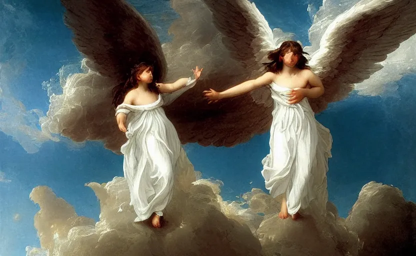 Prompt: a young beautiful angel wearing white angelic clothes flying among heaven and hell painted by thomas cole