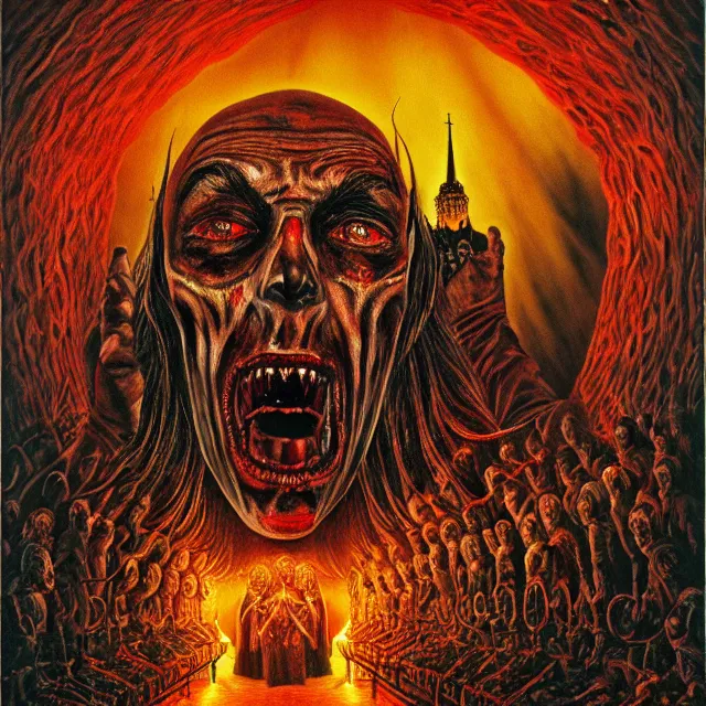 Prompt: corpse of dead putin, hell, prison, justice, hyper - realistic, sharp focus, depth of field, hyper - detailed visionary art, symmetric, hell, holy halo, dramatic ambient lighting, high detail, vibrant colors, the thing 1 9 8 2