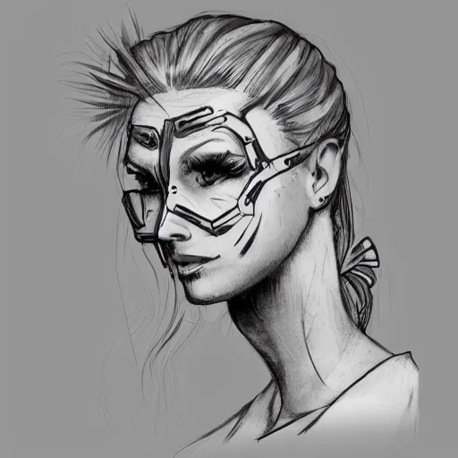 Prompt: tattoo of woman taking off mech mask from her face, concept art