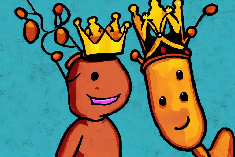 Image similar to cartoon pinto bean holding a staff, wearing kings crown, digital art,