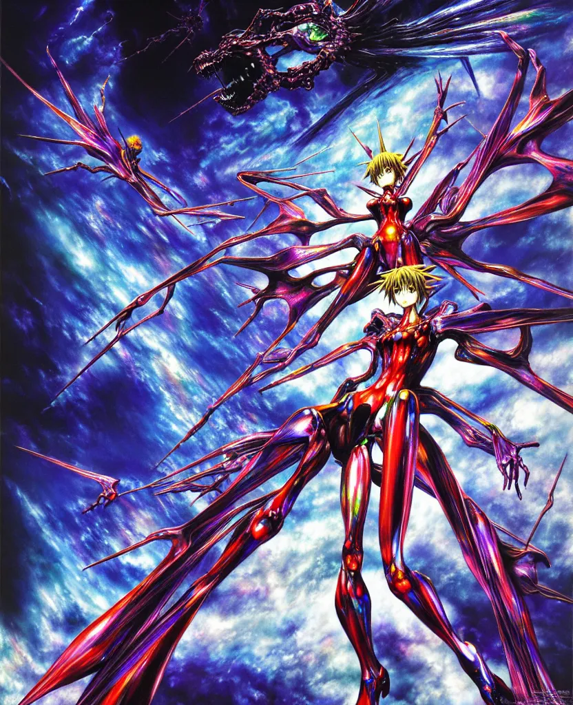 Image similar to realistic detailed image of ultra wrathful rainbow diamond iridescent mega neon genesis evangelion, depth perception, depth of field, action horror by ayami kojima, neo - gothic, gothic, part by adrian ghenie and gerhard richter. art by yoshitaka amano. masterpiece