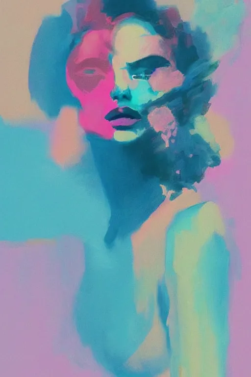 Prompt: the abstract painting of an image of a lady, artistic, pastel soft colors, flat illustration by joshy frost