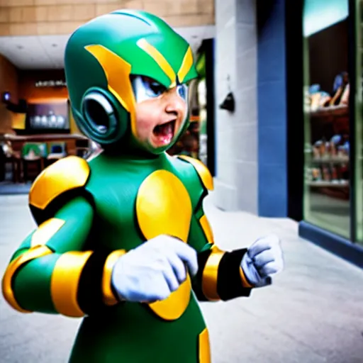 Prompt: uhd photorealisitc candid photo of mega - man at starbucks destroying everything. correct costume. correct face, accurate face. photo by annie leibowitz and steve mccurry