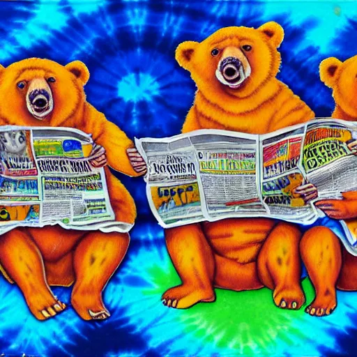 Prompt: 3 bears in tie dye shirts reading newspapers, highly detailed, portrait painting, illustration by scott gustafson