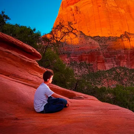 Prompt: award winning cinematic still of teenager boy praying in zion national park, rock formations, colorful sunset, epic, cinematic lighting, dramatic angle, heartwarming drama directed by Steven Spielberg