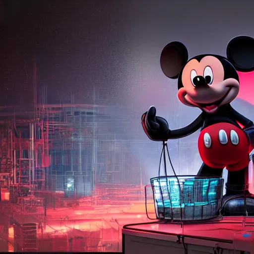 Image similar to giant mickey mouse being operated on by several workers, large octane render, dark beeple art, incredible detail, netflix logo in background, dark studio, dystopian atmosphere, gigantic micky mouse statue being worked on,