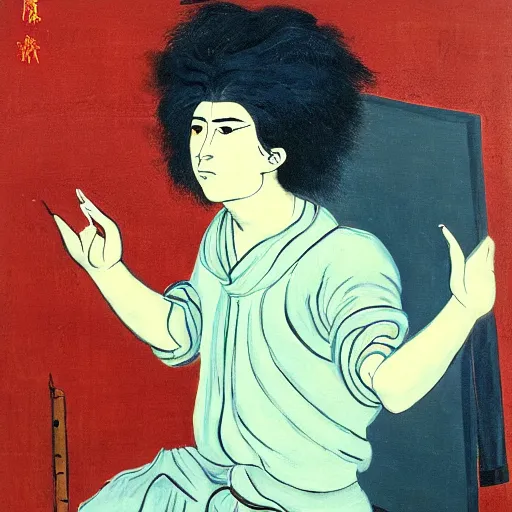 Prompt: A beautiful painting of a self-portrait of the artist. He is shown with his head turned to the left, looking at the viewer. His hair is wild and his eyes are wide open. His right hand is raised, as if he is pointing at something. caput mortuum, cyanotype, avant-garde by Fenghua Zhong, by Hajime Sorayama