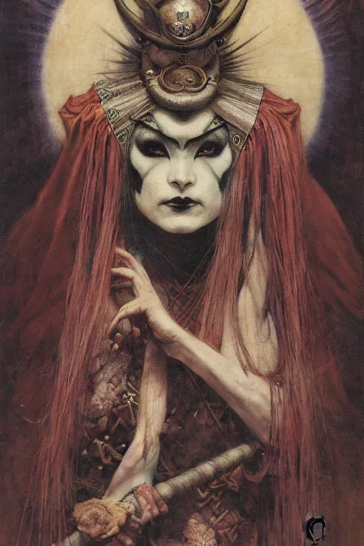 Image similar to kabuki viking priestess by wayne barlowe, gustav moreau, goward,  Gaston Bussiere and roberto ferri, santiago caruso, and austin osman spare, ((((occult art))))