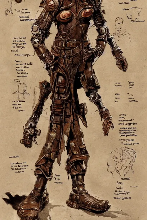 Image similar to character design, reference sheet, 40's robotic human, optimistic, rusty, straw hat, heavy boots, leather bomber jacket, detailed, concept art, realistic, hyperdetailed, , art by Frank Frazetta