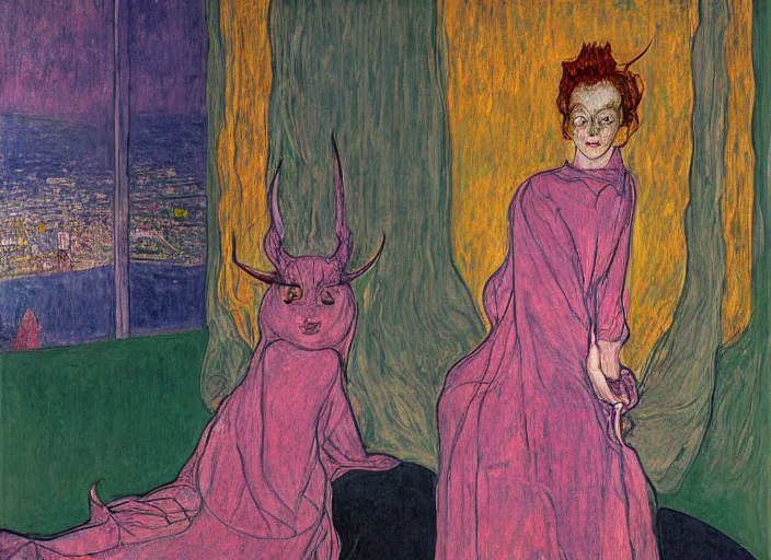 Image similar to woman in transparent vaporous night gown with demonic creature with horns and snout, with city with gothic cathedral seen from a window frame with curtains. vivid iridescent psychedelic colors. munch, egon schiele, bosch, henri de toulouse - lautrec, utamaro, monet, agnes pelton - h 7 0 4