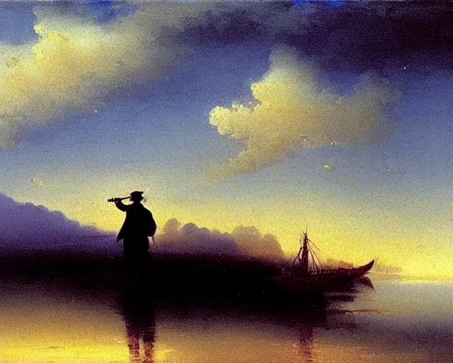 Prompt: A slightly silhouetted figure of a man with a guitar, clouds that look like mountains the clouds are a deep blue purple color with the sun blazing behind the clouds, art by Ivan Aivazovsky