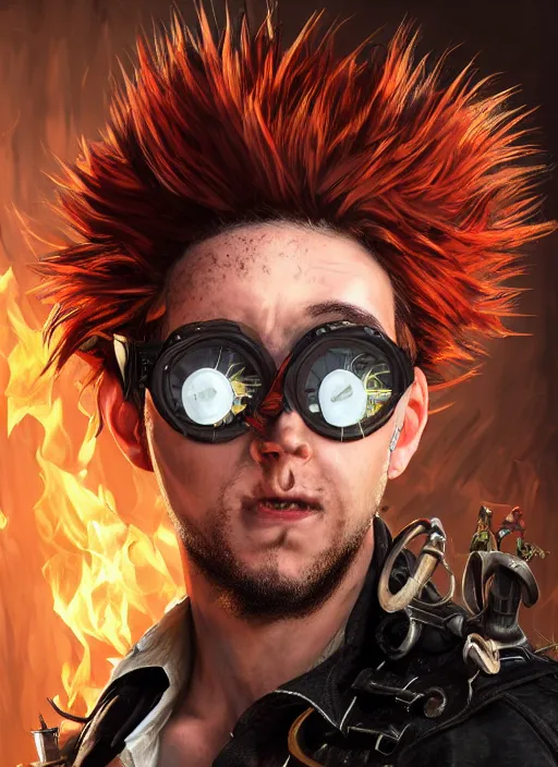 Image similar to An epic fantasy comic book style portrait painting of young man with red spiked long hair, using an steampunk googles. Wearing a black waistcoat, white shirt. Fire on his hands. Unreal 5, DAZ, hyperrealistic, octane render, cosplay, RPG portrait, dynamic lighting