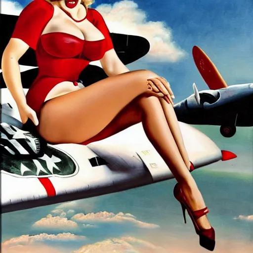 Image similar to Fully-clothed full-body portrait of Kate Upton as a pinup painting on world war II bomber